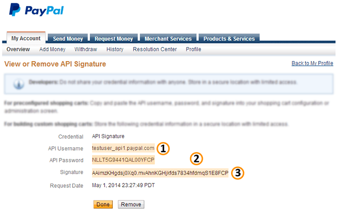 PayPal API Username, Password and Signature